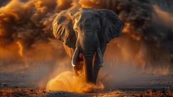 An elephant is running from an explosive blast, with smoke and debris surrounding it. photo