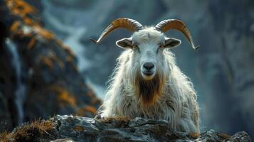 A goat stands on a rocky cliff with rams horns, in the mountains. photo