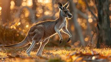 A kangaroo is captured running through an autumnal forest with orange leaves on the ground. photo