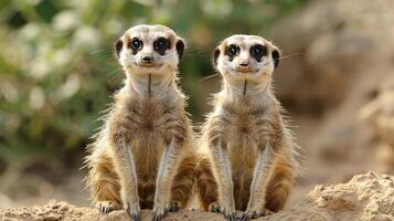 Two meerkat faces appear to be smiling as they sit next to each other in a dusty area, photo