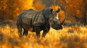 A majestic rhinoceros walking through a field of golden grass with trees and fall foliage. photo