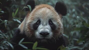 A panda bear looking directly into the camera with a concerned expression. photo
