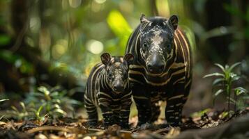 A young tapir stands next to its adult parent, both are in a lush rainforest setting. photo