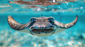 A close-up photograph of a green sea turtle swimming under water with its eyes open, photo