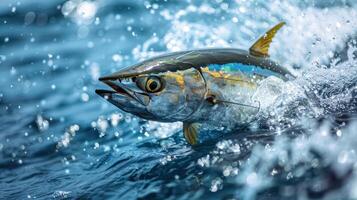 A large, magnificent tuna is captured leaping out of the ocean, with a splash of water around it. photo