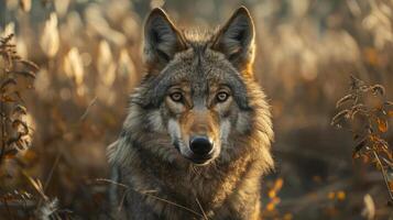 A wolf looking directly at the camera, its eyes are sharp and focused. photo