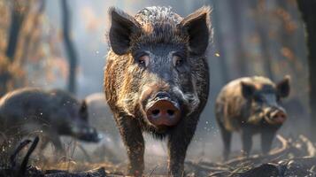 A scene featuring a herd of pigs in a forest with fiery elements and the Warhammer logo on the wall, photo