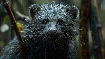 A coati in the rain, looking upwards and seemingly calm despite the weather. photo