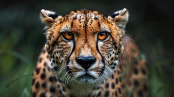 A cheetah's intense gaze into the camera, capturing its fierce and focused expression. photo