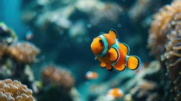 A clown fish with a distinctive orange and white stripe pattern swims amongst colorful corals and an photo