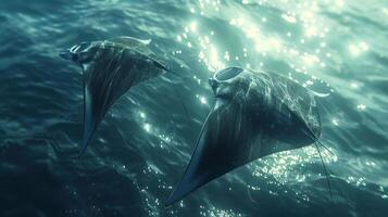 Stingrays and fish in the ocean. photo