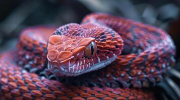 is a close-up photograph of a rattlesnake with a vibrant red and white diamond pattern on its skin, photo