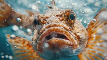 A close-up photo of a clown fish's face as it swims through the water,