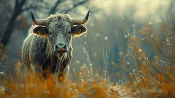 A large horned cow looking at the camera, photo