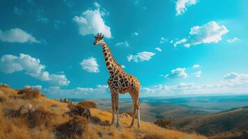 A giraffe standing in the mountains with a blue sky and clouds in the background. photo