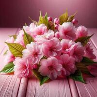 pink flowers on wooden background photo