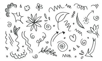 set of doodle design elements isolated on a white background for design concepts like flowers, leaves, star,ribbon, arrows and others. vector