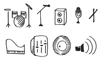 Set of 9 music icons that are hand drawn. Includes symbols such as drums, drumsticks, equalizer, microphone and more. vector