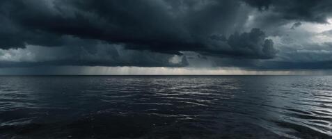 Seething sea Dramatic black and gray stormy cloudy sky reflecting on the troubled water surface Panoramic wide angle view Fantasy stormy sea. photo