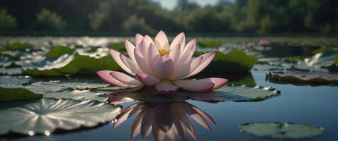Serene Floating Lotus Blossom in Tranquil Pond with Soft Reflections. photo