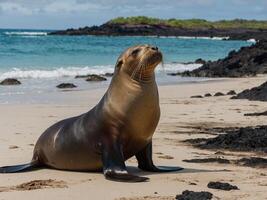 Sea Lions have a conversation on the beach in the Galapagos Islands, Ecuador. photo