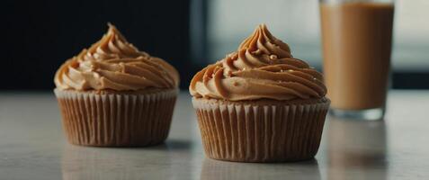 Peanut butter cupcake, fresh foods in minimal style. photo