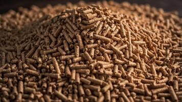 Stacked biomass wood pellets pile with blurred background and copy space for text placement. photo