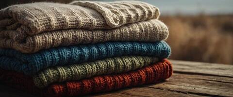 Stack of knitted sweaters on rustic wooden texture. photo
