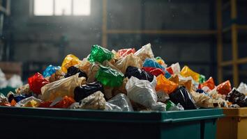 Step by step waste sorting tutorial from collection to recycling with ample text space. photo