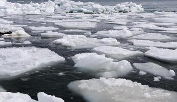 The Black Sea near Odessa is frozen. Ice floes float on the shore photo