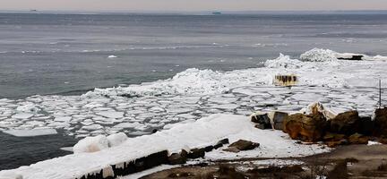 Climatic collapse, Black Sea near Odessa frozen, Ice near the coast photo