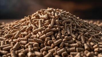 Stacked biomass wood pellets pile with blurred background and copy space for text placement. photo