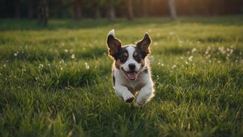 Spring, summer concept, playful happy pet dog puppy running in the grass and listening with funny ears. photo