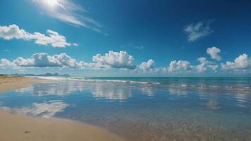 The beach is a haven of peace and tranquility, with the azure sky above reflected in the calm waters below, creating a scene of serene beauty. photo