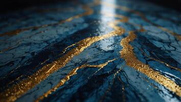 This visually stunning image blends serene blue tones with vibrant gold streaks, capturing the dynamic and fluid beauty of marble in an almost celestial depiction. photo