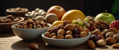 Various nuts, fruits, and other foods displayed on a wooden table. photo