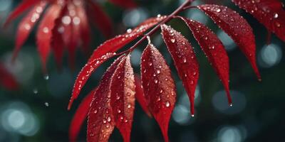 Vibrant red leaves with sparkling water drops captured in a close-up with a bokeh background. photo