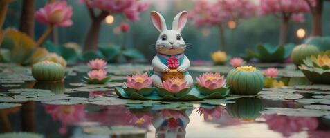 Whimsical clay rabbit with floral mooncakes on a pastel lotus pond, creating a serene and playful Mid-Autumn Festival scene. photo