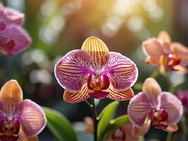 Vibrant pink and orange orchids bloom in soft sunlight with a dreamy bokeh background, creating a serene and colorful floral scene. photo