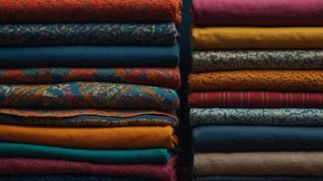 Vibrant, neatly folded stacks of various textiles with an array of colors and textures on display. photo