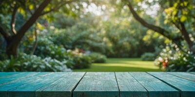Wood table top on blue abstract green from garden in the morning background For montage product display or design key. photo