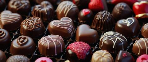 Valentine's Day, many different chocolate pralines fill the background. photo