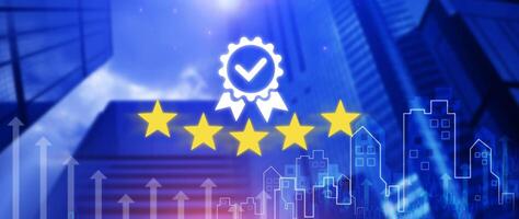 Symbol of the top service Quality assurance 5 star, Guarantee, best product, Standards, ISO certification and standardization concept. photo