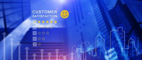 User gives rating to service experience on online application, Customer review satisfaction feedback survey concept, Customer can evaluate quality of service leading to reputation ranking of business. photo