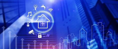 Smart home technology, User touches virtual screen manage smart home features including security, lighting, temperature, Smart home and Iot concept. photo