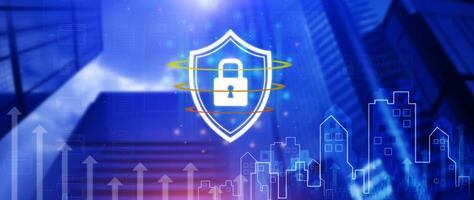 Computer network protection, secure and safe your data concept, shield protection icon, Security shield Lock Security Business Protect Concept. photo