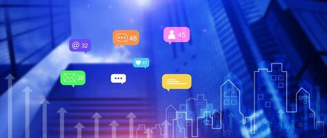 Social media and digital online marketing concepts with icons such as notifications, messages, comments on the virtual screen background. photo