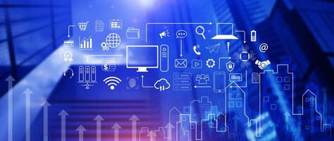 Technology equipment and line interface icons, Computer system resources and data storage, Cloud service technology marketing and business concept. photo