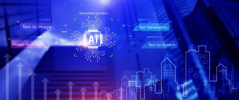Ai tech, Artificial Intelligence to generate content, Text to image, speech, smart AI, using command prompt for generates something, Futuristic technology transformation. photo