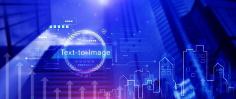 Ai tech Text to image, virtual graphic with AI, Artificial Intelligence, using command prompt for generates something, Futuristic technology transformation. photo